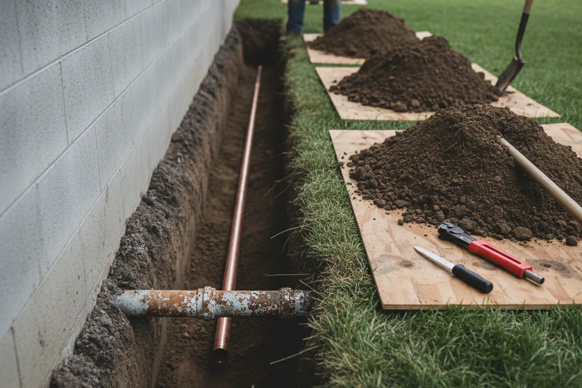Excavated water line trench during Water Heater Repair in Chichester